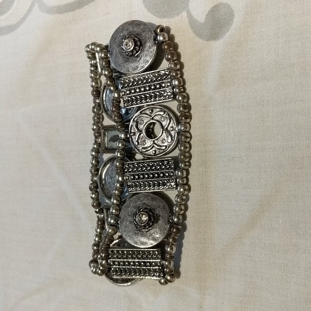 Silver Bracelet with Circular Embossed Pattern Faux Diamond Stones
